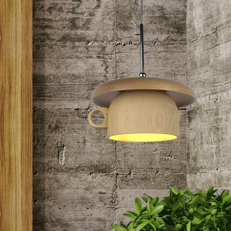 Wood Coffee-Cup Drop Pendant Light Modernist 1-Bulb LED Beige Ceiling Hang Fixture