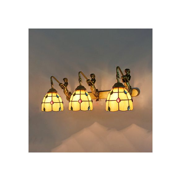 Jeweled Wall Light Fixture 3 Heads Yellow-White/Clear/Yellow-Blue Glass Tiffany Sconce Lighting with Mermaid Backplate