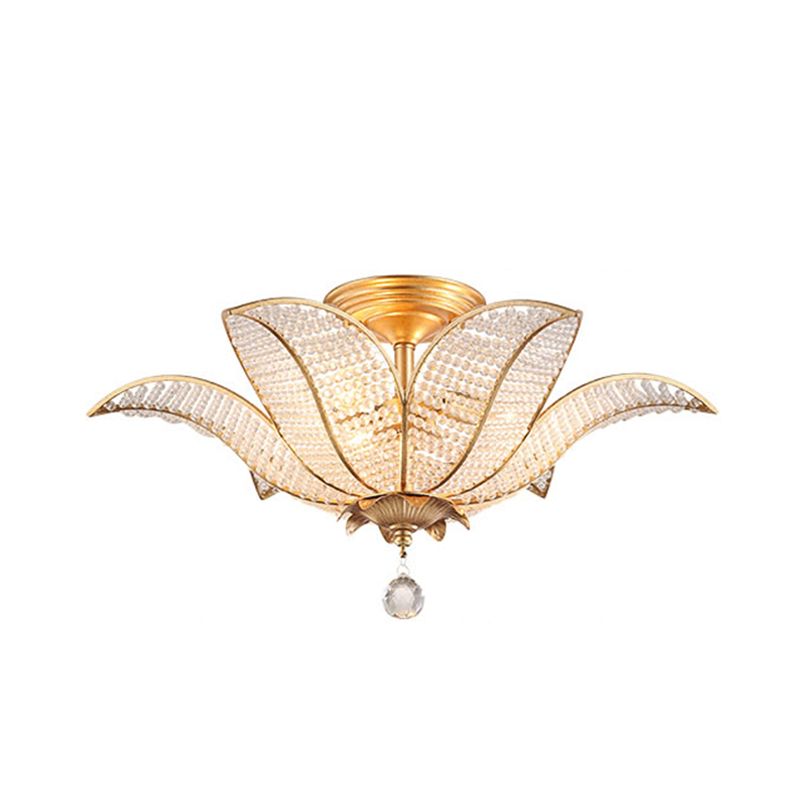 6-Light Living Room Ceiling Flush Mount Contemporary Gold Semi Flush Mount Lighting Fixture with Blossom Clear Crystal Glass Shade