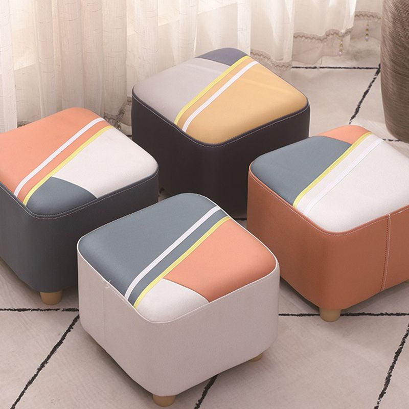 Contemporary Pouf Ottoman Fabric Upholstered Patchwork Solid Wood Frame Square Ottoman