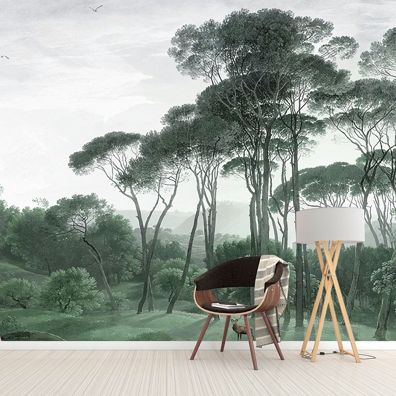 Illustration Style Mural Wallpaper Tall Tree and Grass Giant Wall Covering for Decor, Customized Size Available