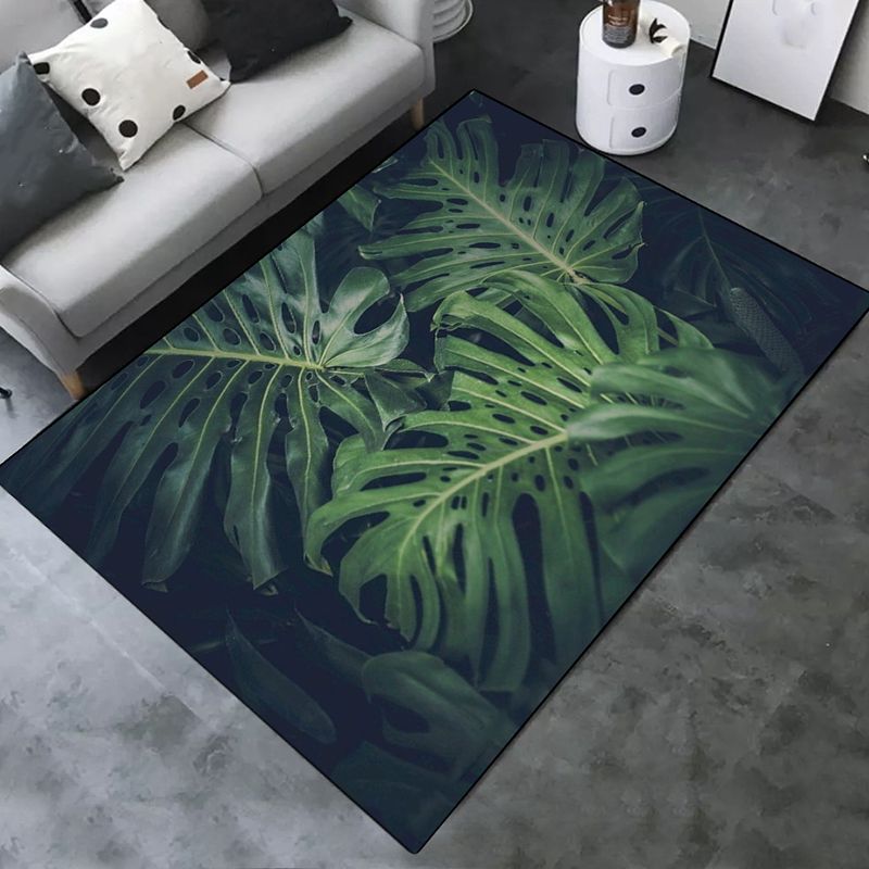 Black Tone Nordic Indoor Rug Polyester Plants Print Carpet Non-Slip Backing Rug for Home Decoration
