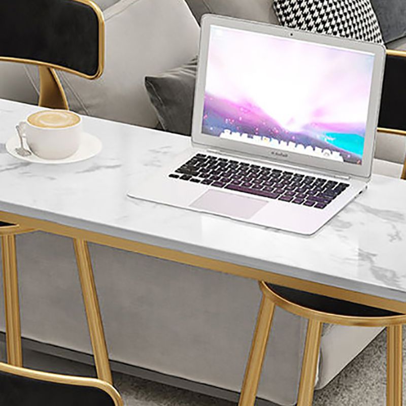 Glam Rectangle Faux Marble Pub Bar Table Gold Iron Bar Dining Table with Trestle Pedestal