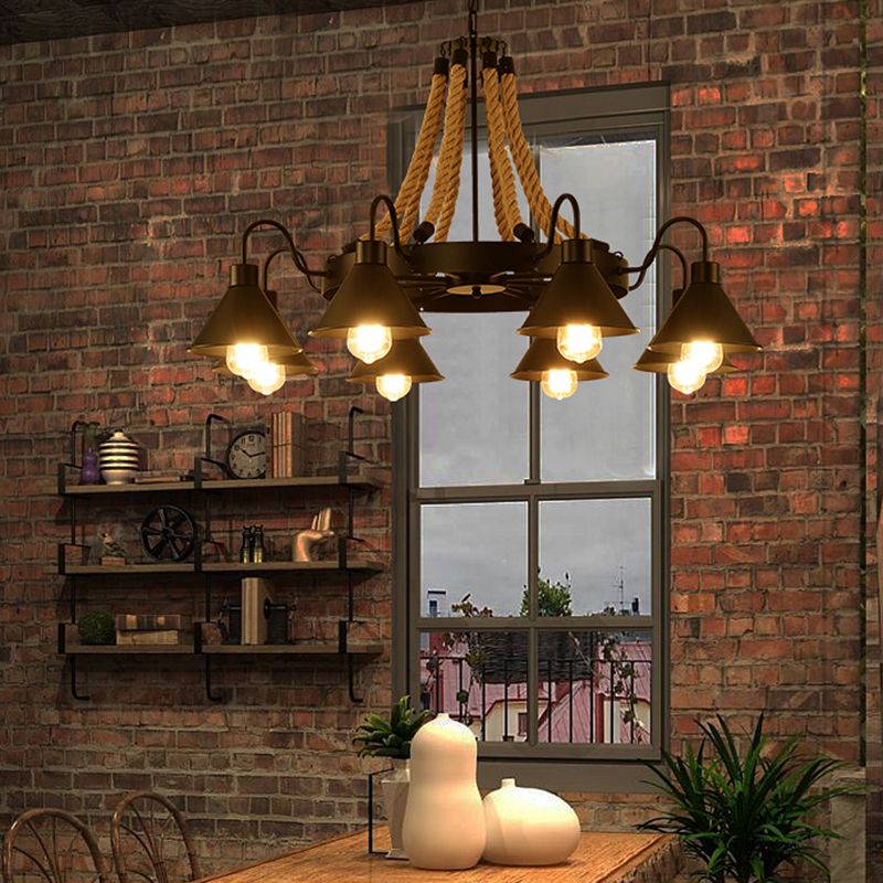 Black Wrought Iron Ceiling Hung Fixtures Vintage Rope Pendant Lighting for Bar
