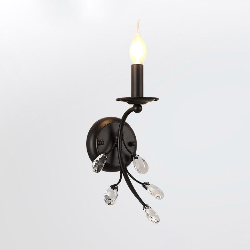 Single-Bulb Candle Wall Sconce Farmhouse Black Metal Wall Light with Crystal Twig