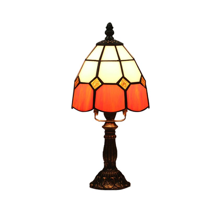 Dome Night Light Mission Stained Art Glass 1 Head Beige/Yellow/Orange Grid Patterned Nightstand Lighting for Bedroom