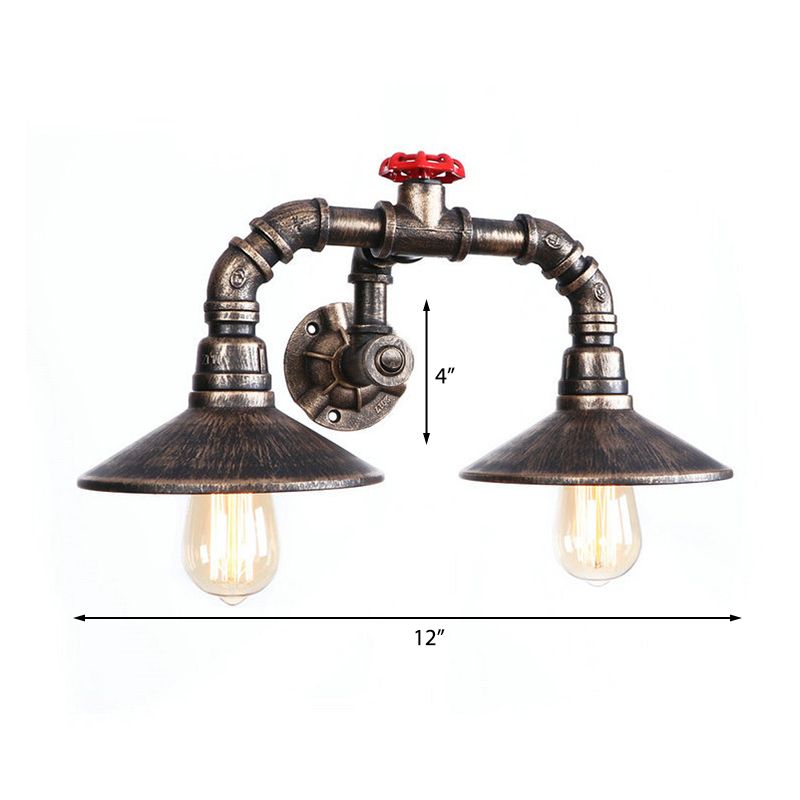 Conical Farmhouse Wall Light Fixture with Pipe and Valve Industrial Rustic Iron 2 Lights Weathered Bronze Sconce Light