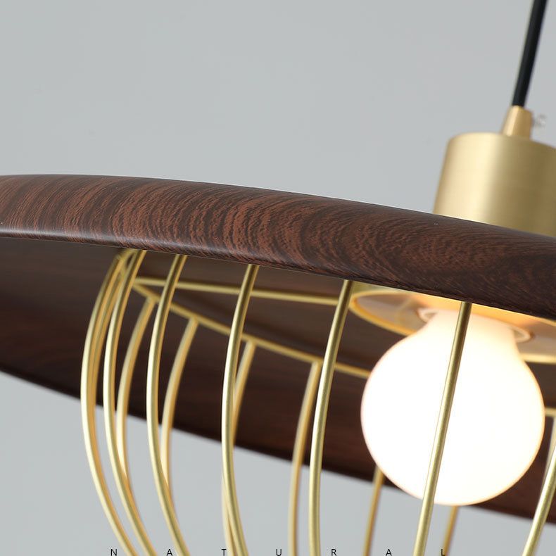 1-licht houten eenvoud hangend licht met gouden ijzeren kooi schaduw moderne stijl slaapkamer verlichting armatuur