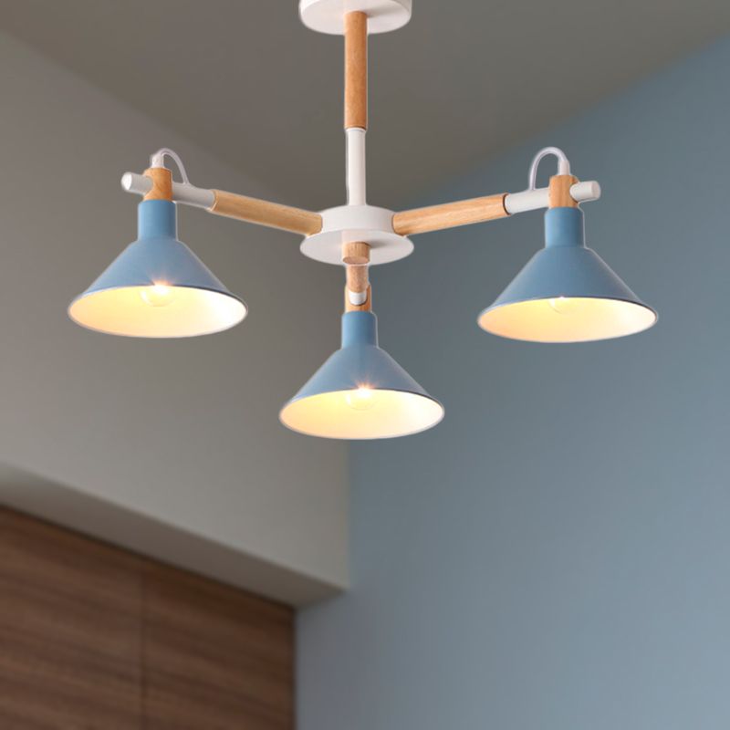 Macaroon Horn Shape Pendante Lights 3 Bulbes Métal et luminaire suspendu en bois pour salle à manger chambre à coucher