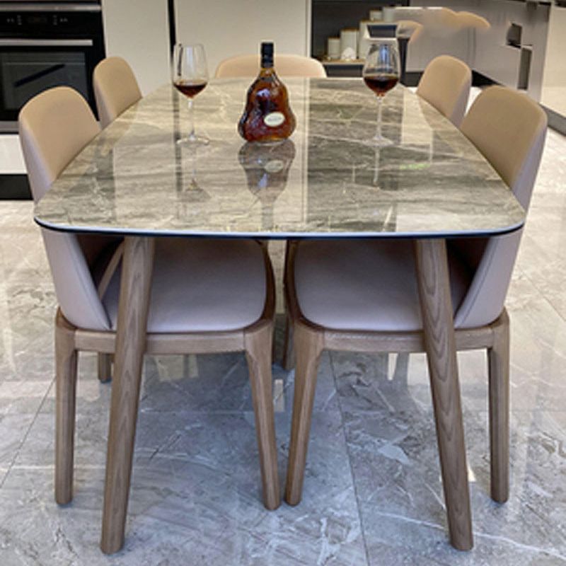 Gray Stone Top Table with Ash Wood Frame Modern Dining Table for Home