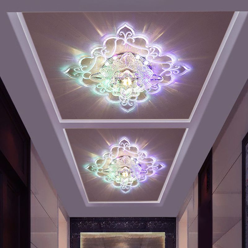 Éclairage de plafond en cristal Chanfrein transparent Floral LED style contemporain encastré, multicolore / blanc / lumière chaude