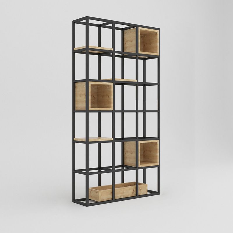 Moderne open etagere boekenplank met zwart ijzeren frame dennenhoutplank