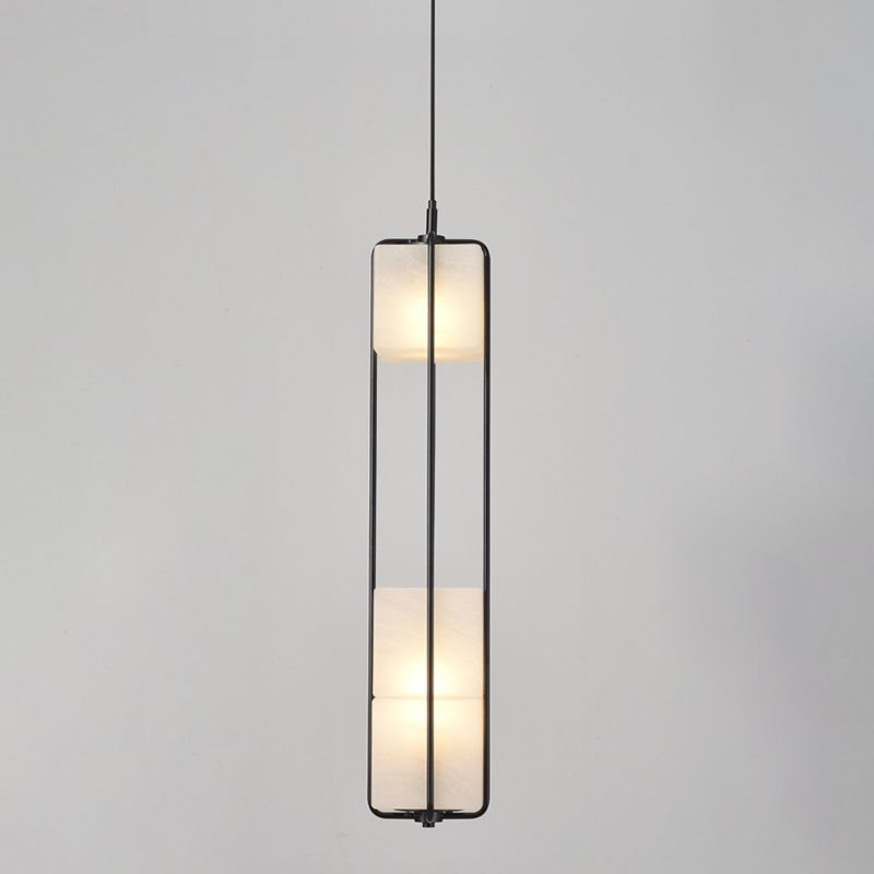 Frosted White Glass Box Pendant Lamp Modern 2-Light Black Island Lighting with Cage