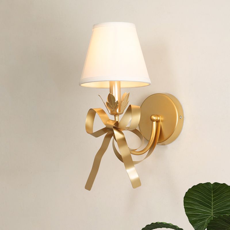 Gold Swag Sconce Lighting Contemporary 1 Bulb Metal Wall Mounted Lamp with Ribbon Decor and Fabric Lampshade