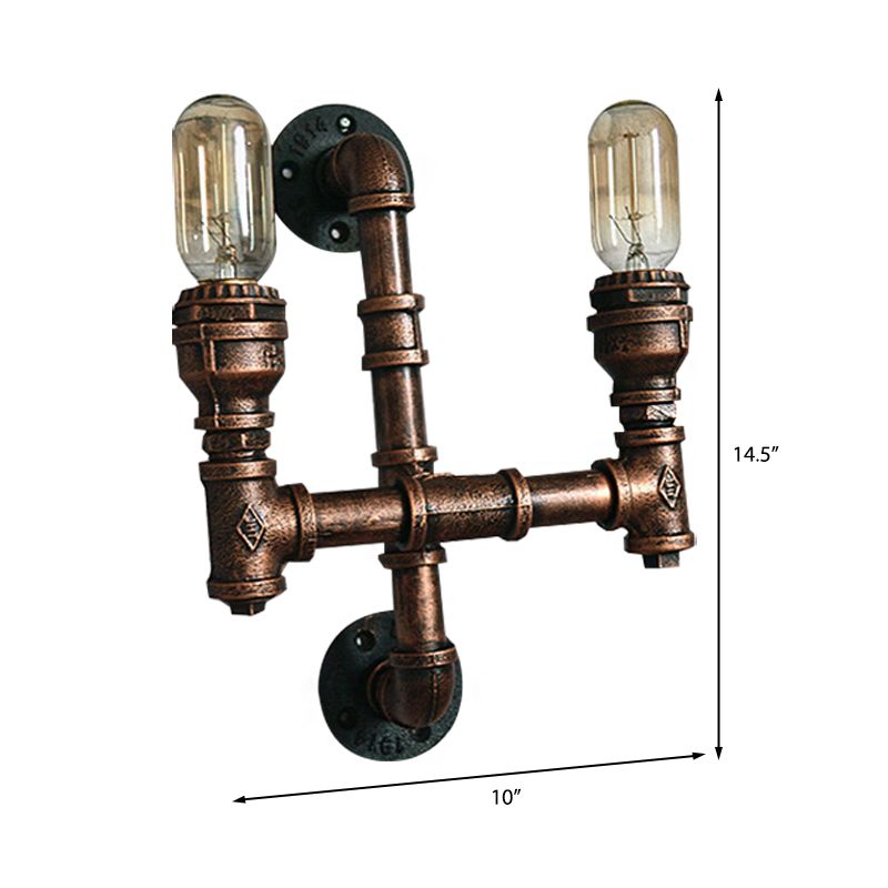 Warehouse Water Pipe Wall Sconce Lamp with Exposed Bulb 2/3 Lights Iron Wall Light Fixture in Weathered Copper