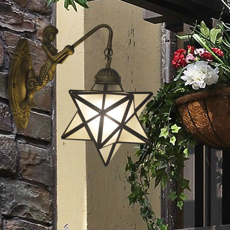 White Glass Star Sconce Lighting Tiffany 1 Head Antique Brass Wall Mount Light with Mermaid Backplate