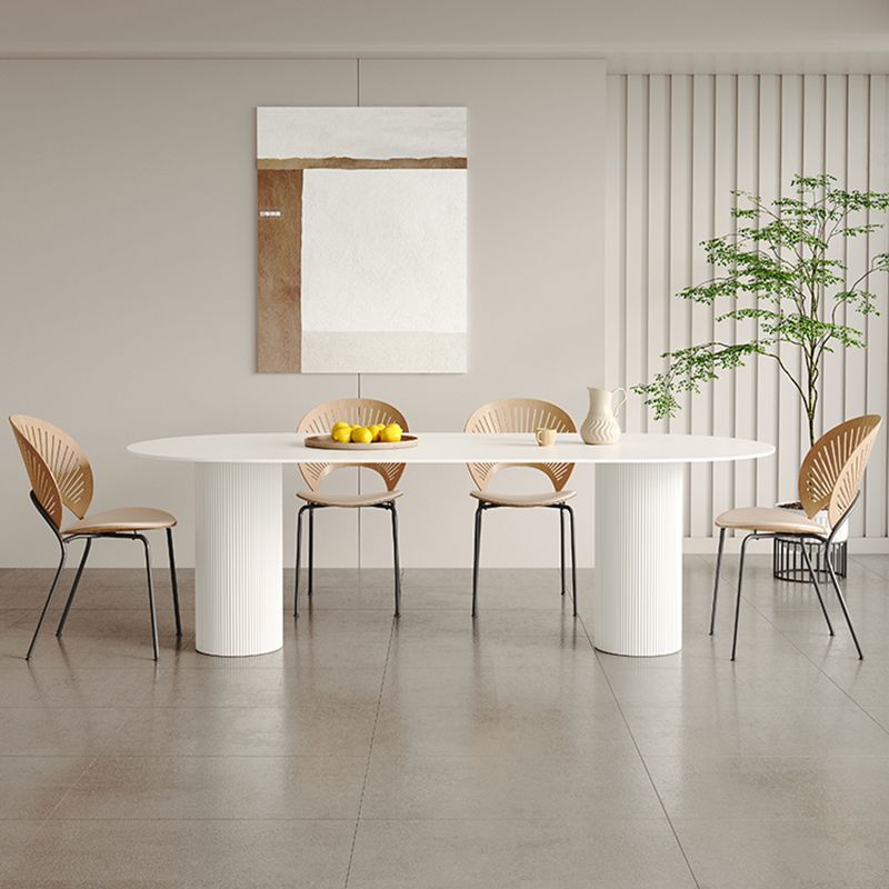 White Oval Dining Table Stone Top Dining Table with Double Pedestal