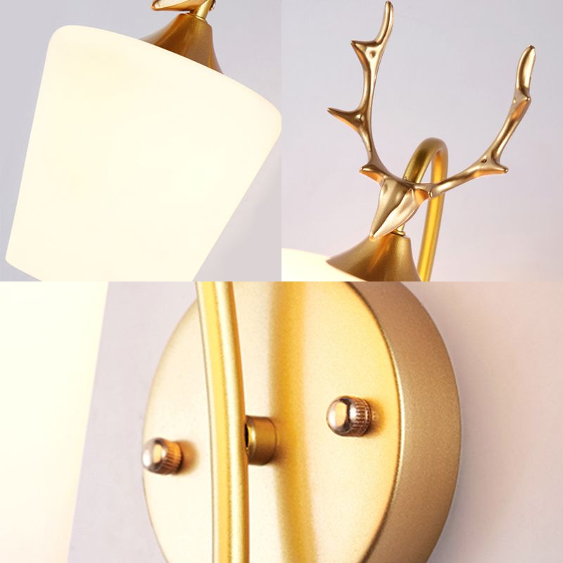 1 Light Metal Wall Lighting Country Black/Gold Antler Living Room Sconce Light Fixture with Frosted Glass Shade