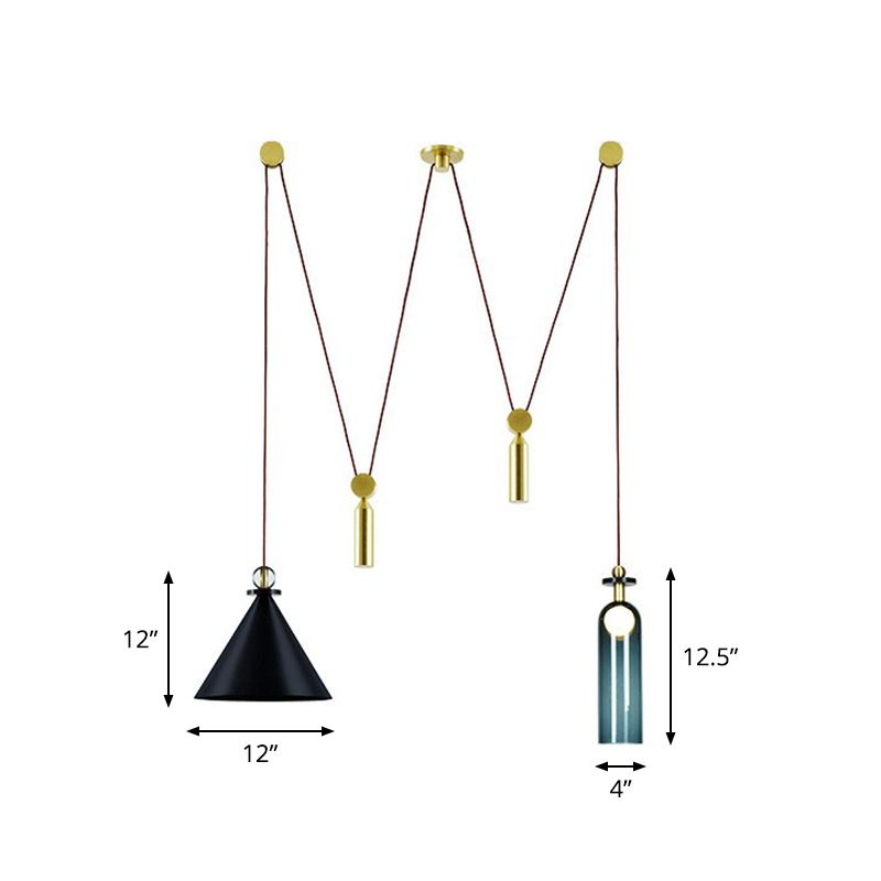 Designer 2-Head Swag Pendant Cone and Elongated Dome Hanging Light with Metal Shade