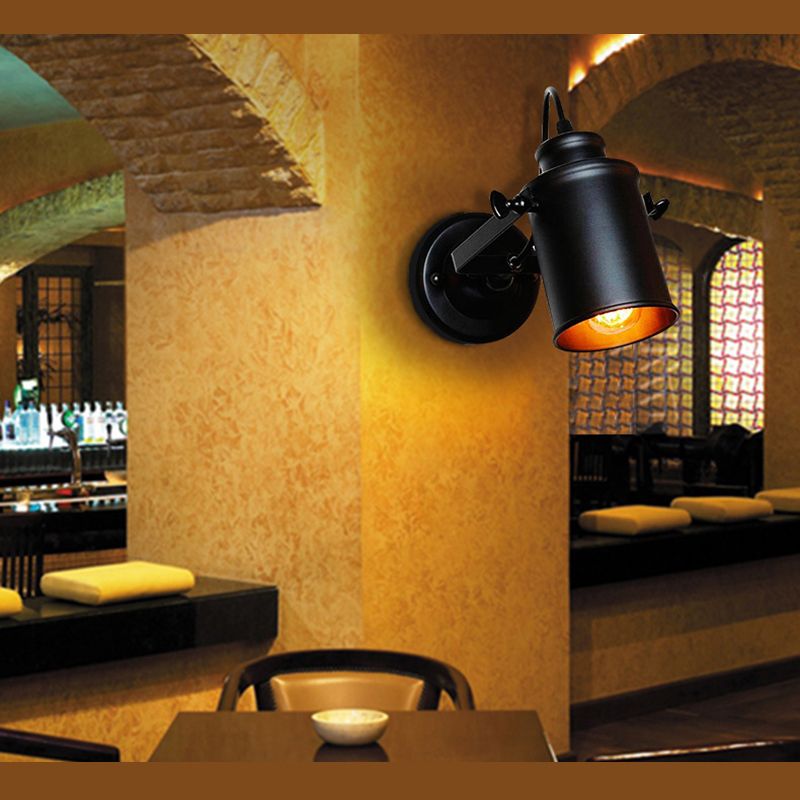 Winkel einstellbarer industrieller Wandlampe 1-Licht Metallzylindrischer Schatten Vintage Leuchten in Schwarz in Schwarz