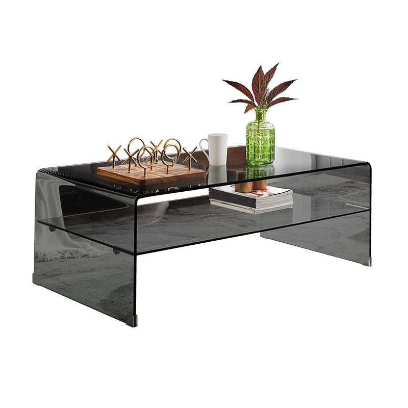 Modern Rectangle Glass Coffee Table Sled Base Cocktail Table with Shelf