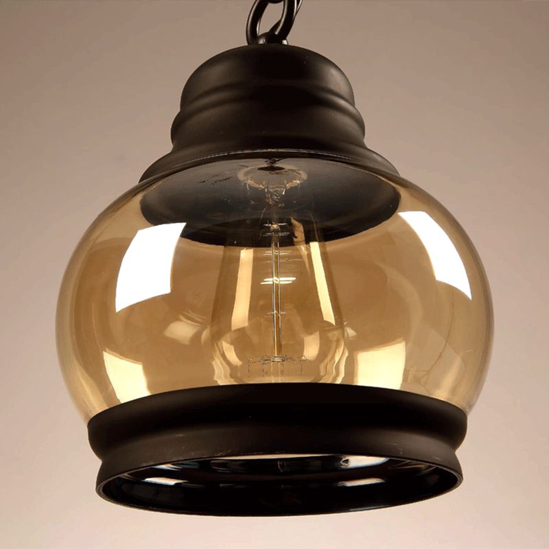 Luz de colgante simple negro en lámpara colgante de hierro forjado de estilo vintage industrial con sombra de vidrio
