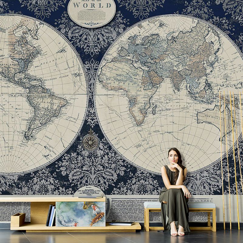 Full World Map Wall Art Nostalgic Novelty Mural Wallpaper in Light Color, Custom-Made