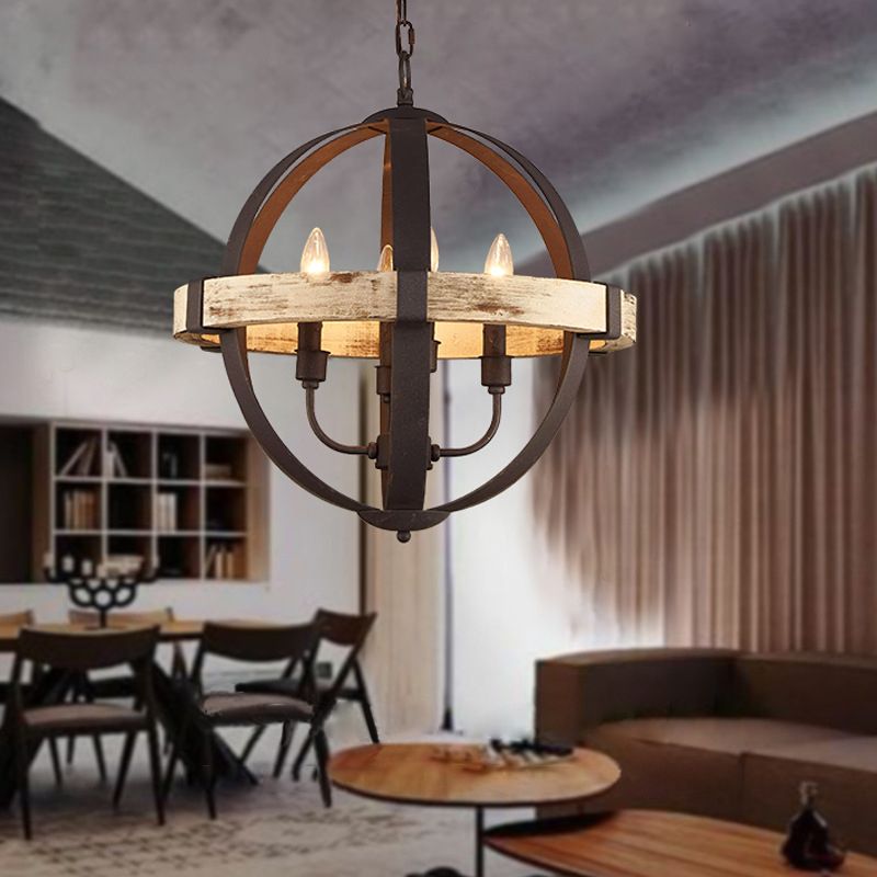 Lampada lampadina globale in legno rurale rurale a 4 teste a sospensione Luce a soffitto in marrone