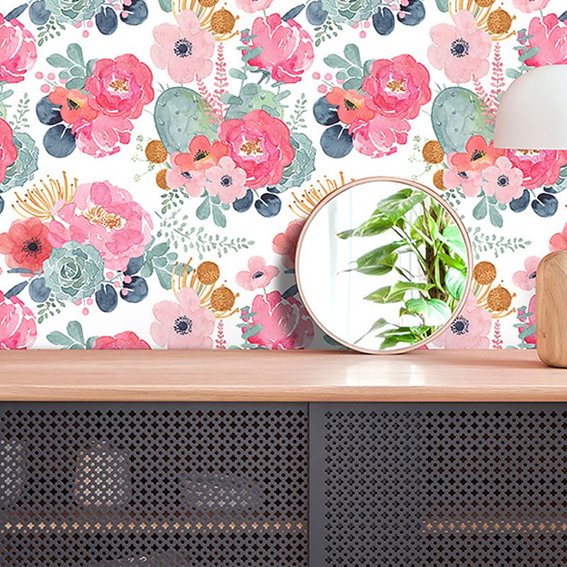 Rural Watercolor Peony Wallpapers PVC Temporary Peel and Stick Multicolored Wall Covering for Home
