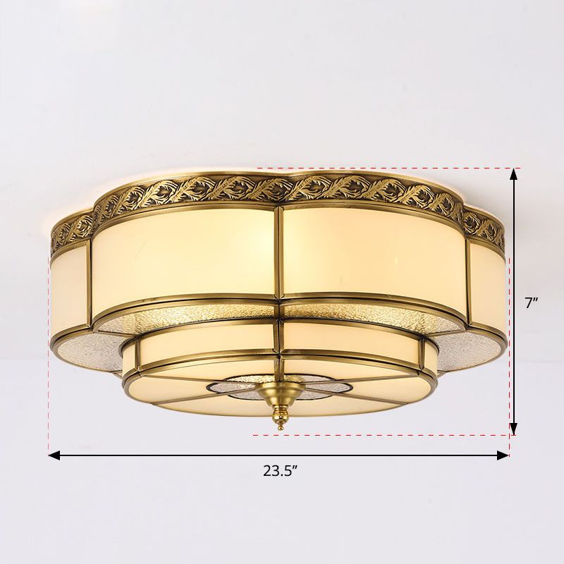 Brass Floral Ceiling Mounted Light Vintage Opal Glass Bedroom Flush Mount Fixture