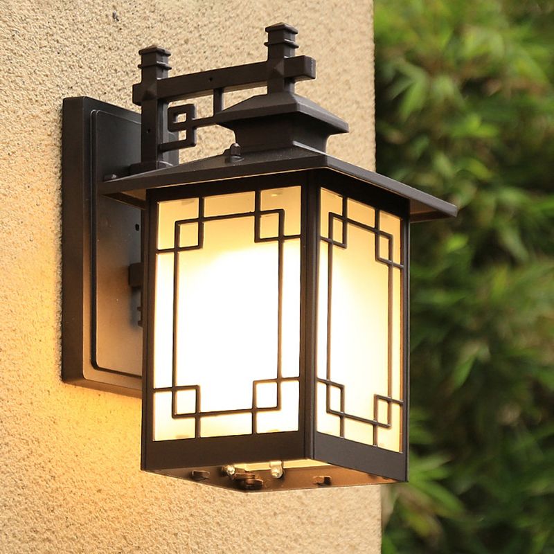 Coffee Finish 1-Bulb Sconce Lamp Traditional Frosted Glass Rectangle Wall Light for Outdoor