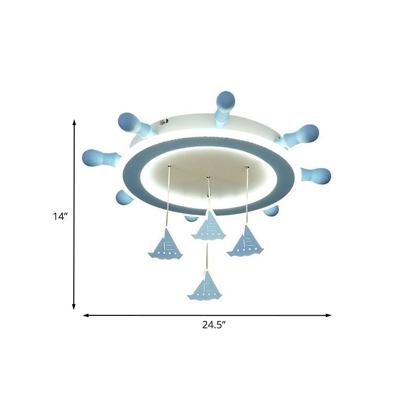 Kid Marine Steering Wheel Flush Light Iron 4-Head Child Room Ceiling Mount Fixture with Draped Sailing Boat in Sky Blue