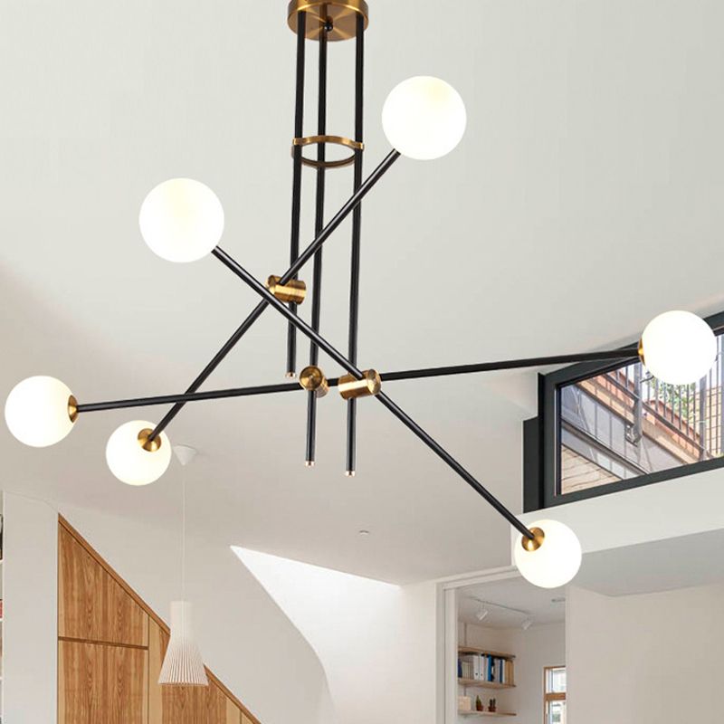 Linea incrociata LAMPAGGIO IMMAGGIO Minimalista Metal 6 teste Lampada lampadario nero con tonalità di vetro opale globo