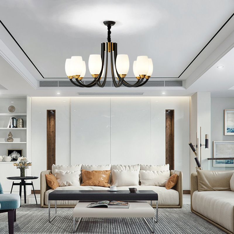 Swooping Arm Chandelier Traditional White Frosted Glass Hanging Light Fixture for Living Room