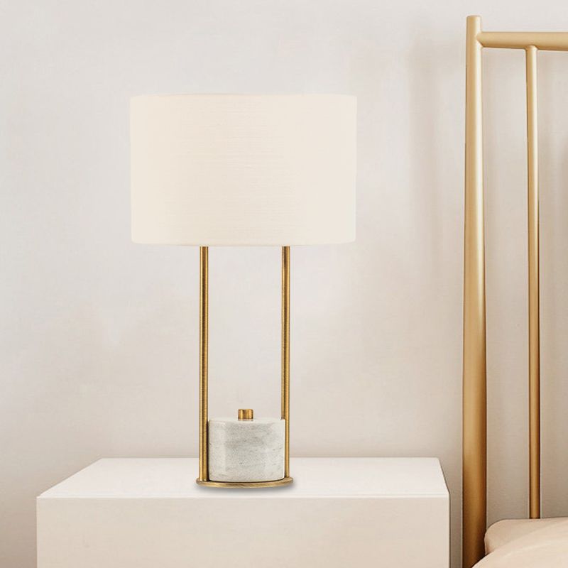 Cylinder Nightstand Lighting Modern Fabric 1 Head Bedroom Night Lamp in White/Beige with Marble Base