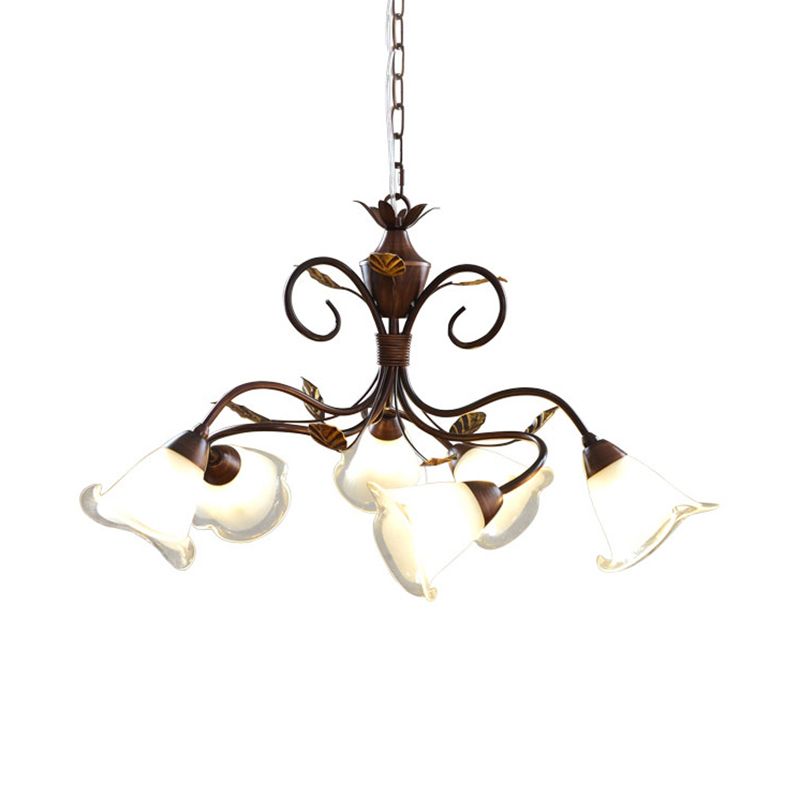6 Heads Bedroom Hanging Chandelier Contemporary Red Brown Ceiling Pendant Light with Flower Frosted Glass Shade