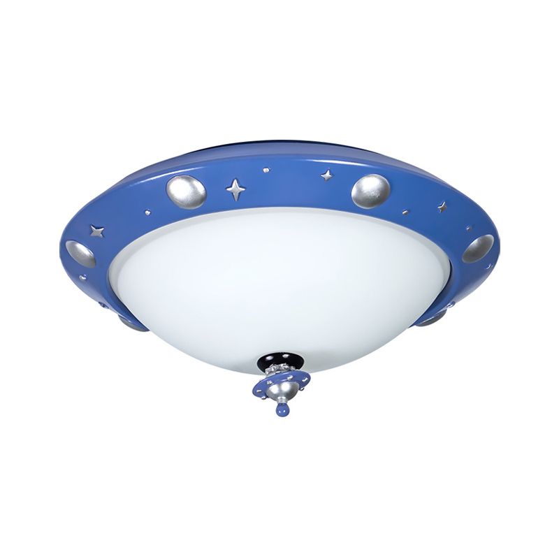 UFO-Kinderzimmer-LED-Deckeneinbau-Harz, minimalistische Unterputzbeleuchtung in Blau mit weißem Glasschirm