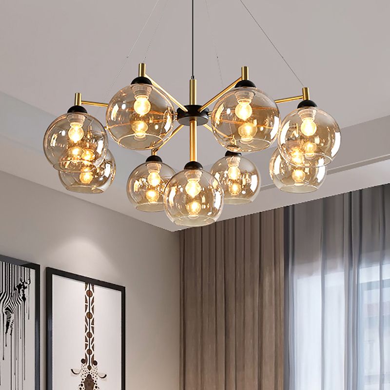 Post-Modern Globe Chandelier Lighting Amber Glass 9 Bulbs Living Room Ceiling Hang Fixture in Brass