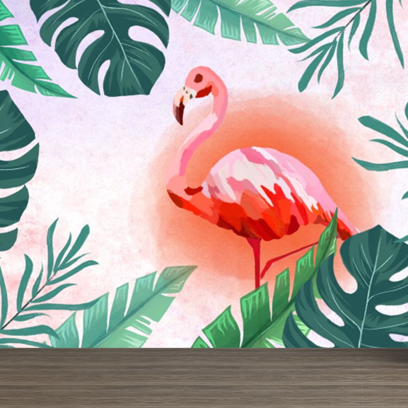 Tropical Leaves and Flamingo Mural Decal Red Dining Room Wall Covering, Personalized
