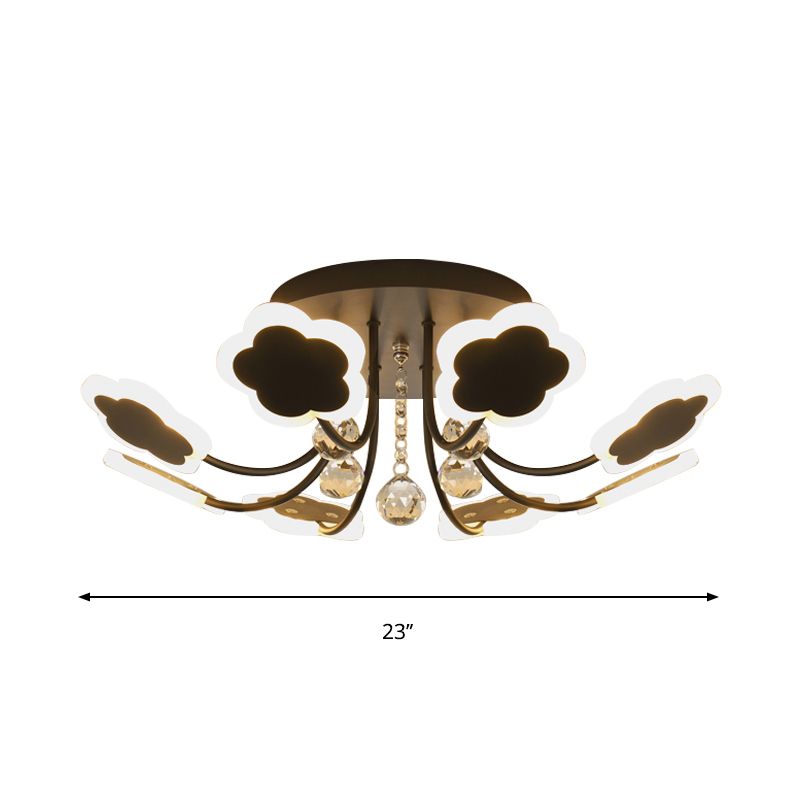 Petal-Shape Semi Mount Light Modern Acrylic 23"/27" W LED Black/White Ceiling Lamp with Clear Crystal Draping, Warm/White Light