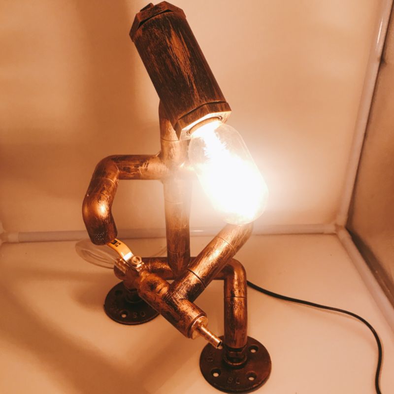 1-Light Wrought Iron Table Lamp Industrial Antiqued Brass Piping Bedroom Night Light