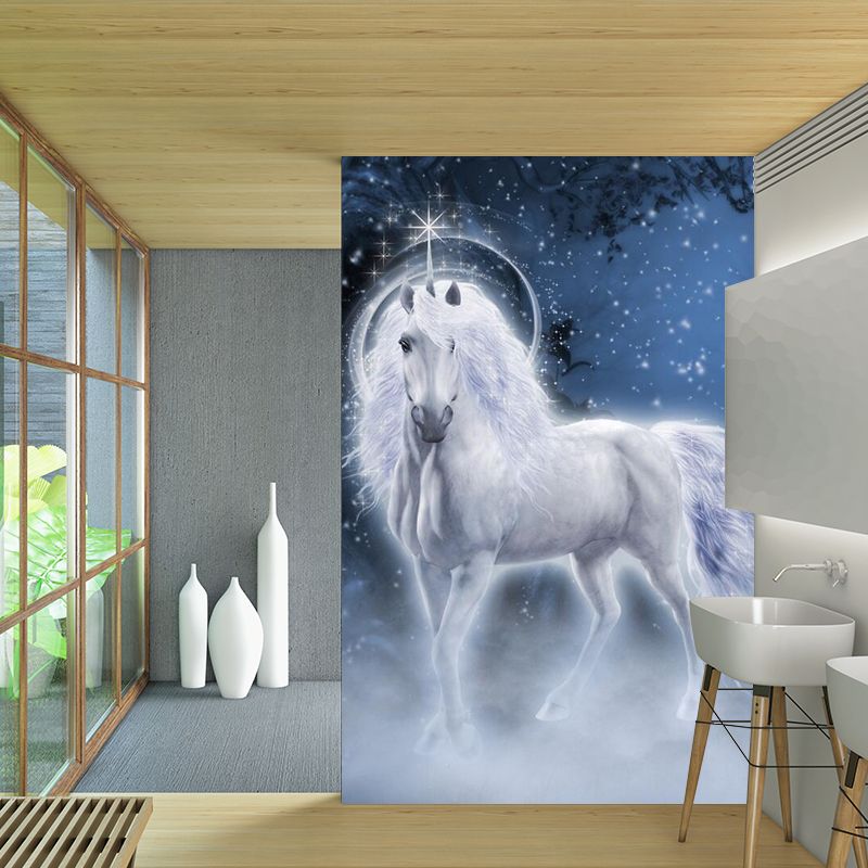 Fairy Tale Steed Wallpaper Murals Scandinavian Smooth Wall Art in Blue and White