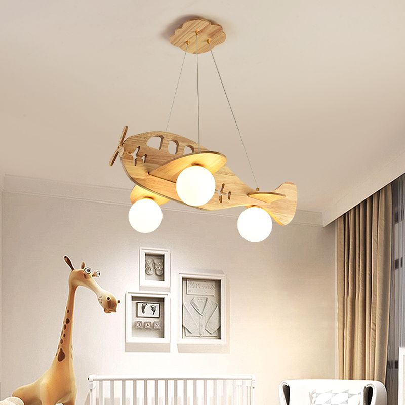 Modern Artistic Airplane Chandelier Wooden Indoor Hanging Lamp with White Glass Shade
