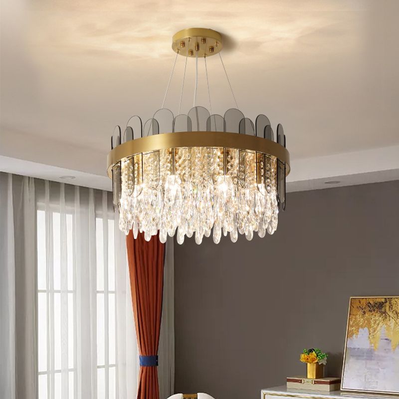 Drum Dining Room Ceiling Chandelier Retro Crystal 8/12 Lights Gold Finish Pendant Light Fixture with Oval Panel Deco