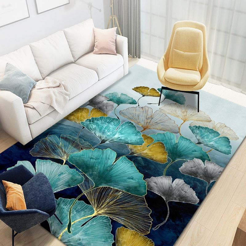 Black Plant Pattern Rug Modern Polyester Area Carpet Stain Resistant Area Rug for Home Decor