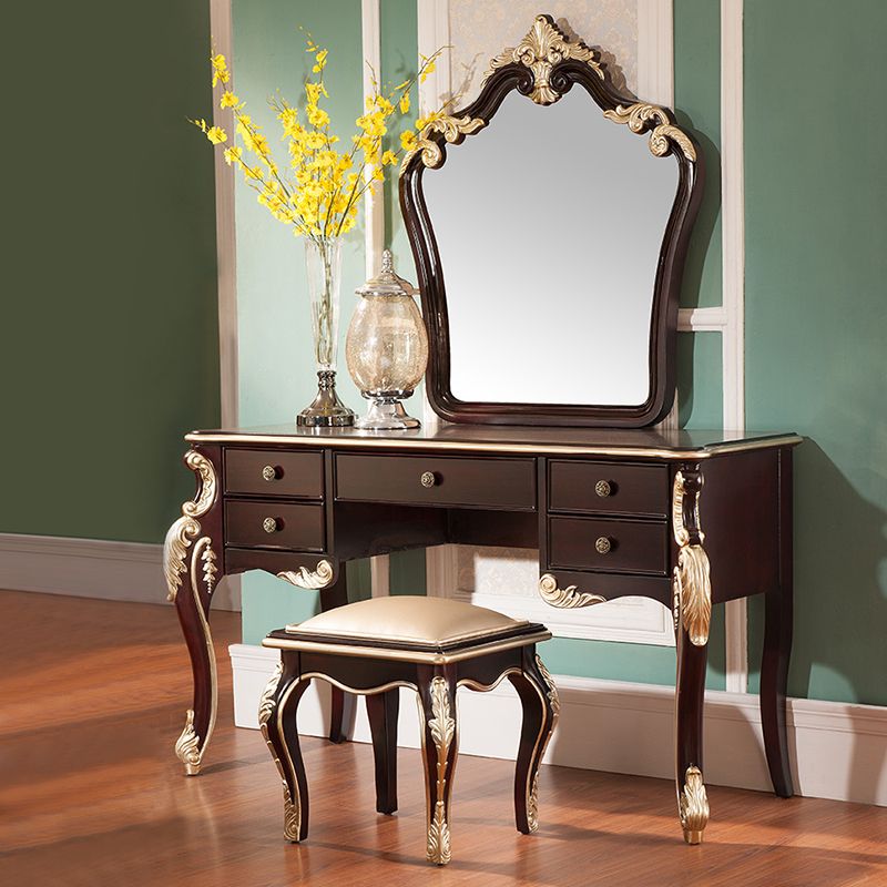 Brown Makeup Counter with Mirror 19.68" Wide Wood Vanity Tables with 5 Drawers