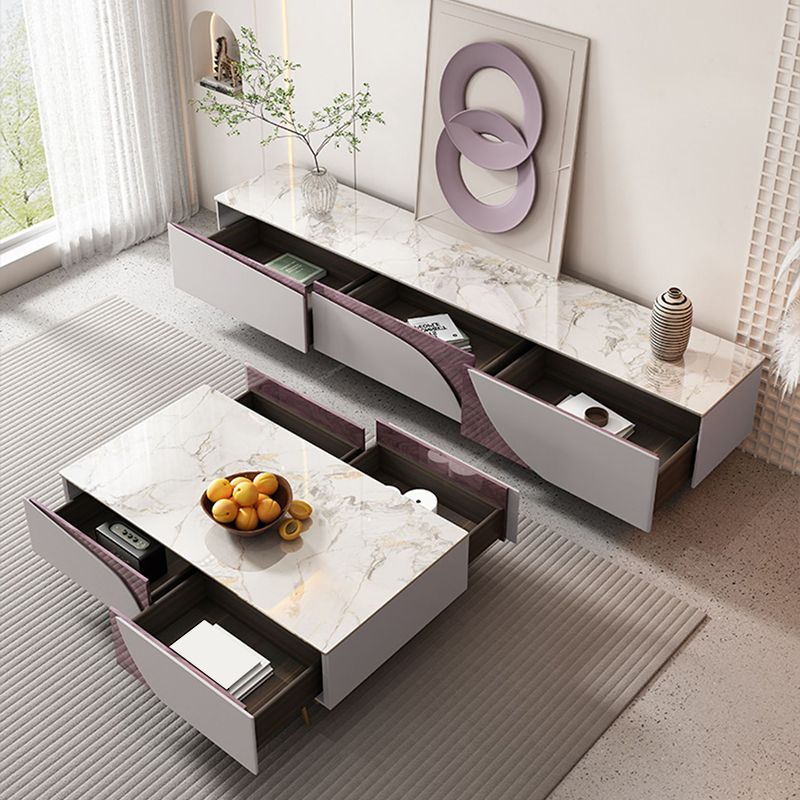 4 Legs Coffee Cocktail Table with Storage Drawers White Marble