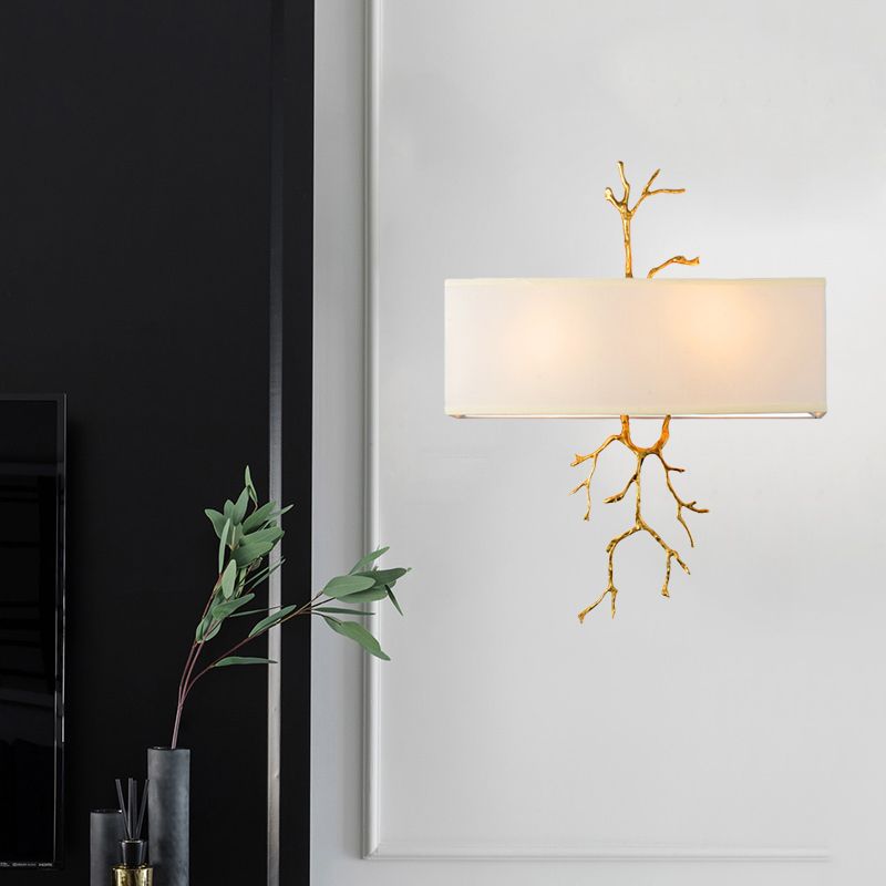 Black/White 2 Lights Wall Mounted Lighting Traditional-Style Fabric Rectangle Sconce Light