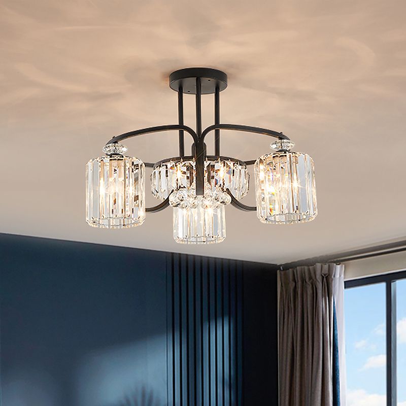 4/8 têtes salle à manger d'éclairage semi-montage luminaire de lampe de plafond noir moderne avec nuance cylindrique en cas de cristal clair