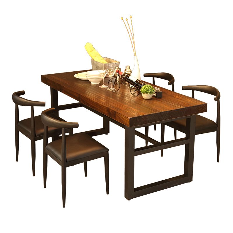 Industrial Style Solid Wood Dining Table Brown Rectangle Table with Trestle Base for Dinning Room